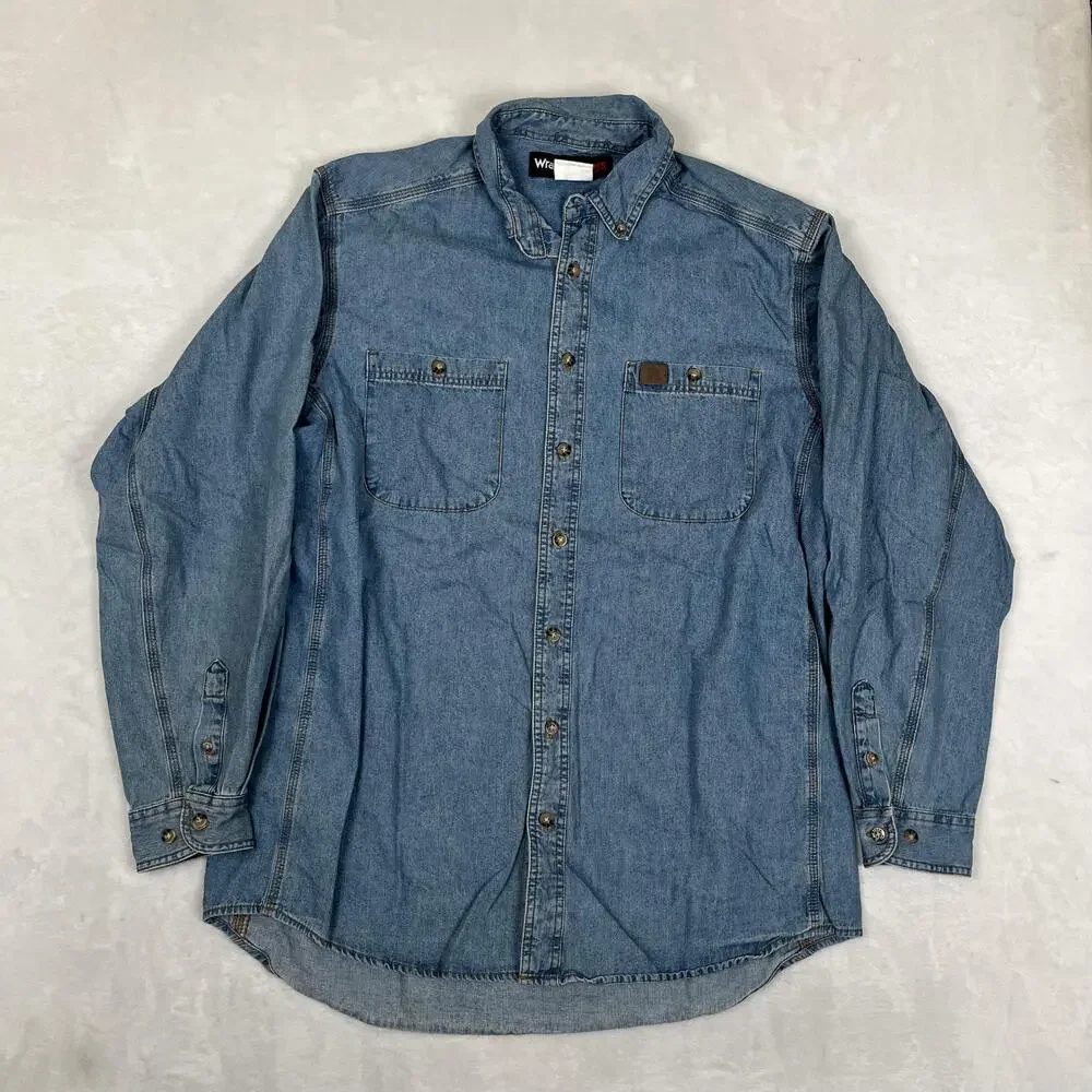 Wrangler Riggs Workwear Shirt Mens XLT Blue Denim Long Sleeve Button Front
